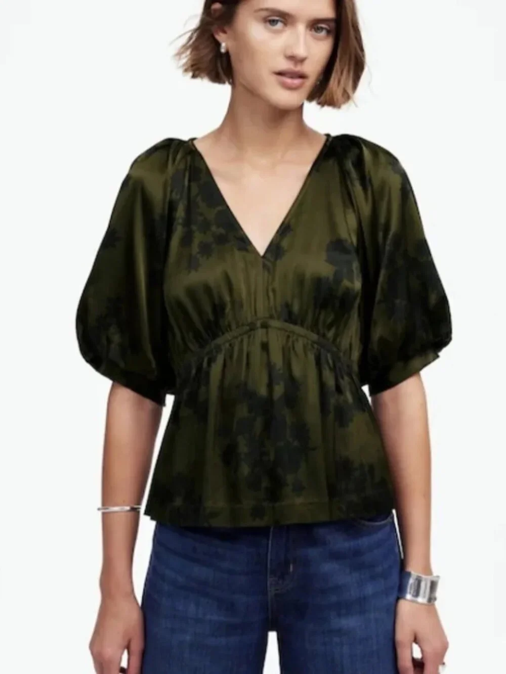 Madewell Satin Shirred Puff Sleeve Blouse Size S